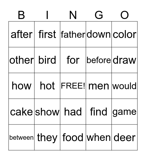 Sightword Bingo Card