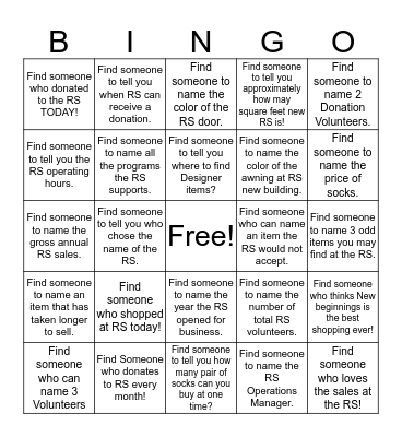 New Beginnings Bingo Card