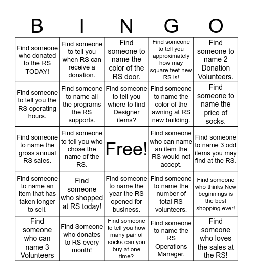 New Beginnings Bingo Card