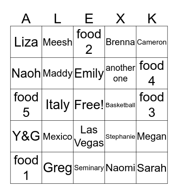 Alex's Bridal Shower Bingo Card