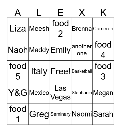 Alex's Bridal Shower Bingo Card