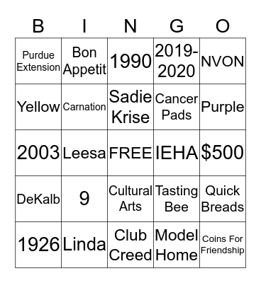 DEKALB CO. EXTENSION HOMEMAKERS Bingo Card