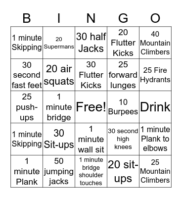 Fitness Bingo Card