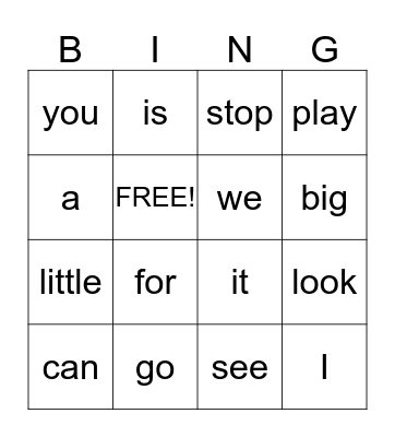 sight words Bingo Card