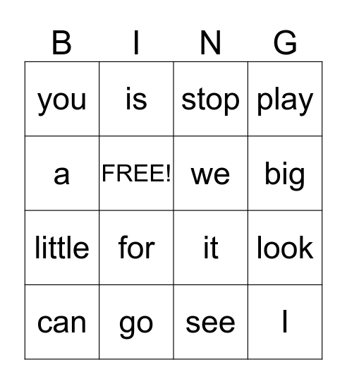 sight words Bingo Card