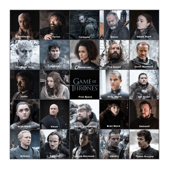 Battle of Winterfell: Death Bingo Card