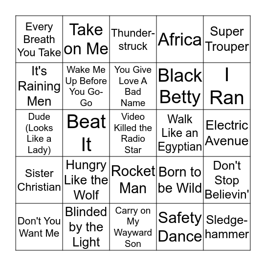 Hits from the 70s and 80s Bingo Card