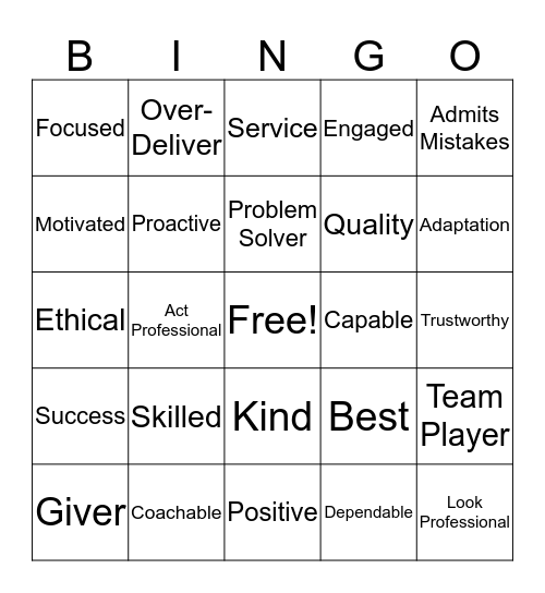 Core Values  Bingo Card
