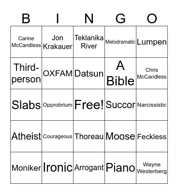 Into the Wild Bingo Card