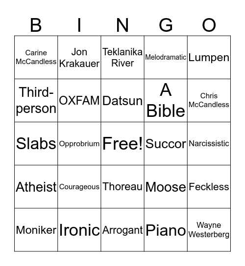 Into the Wild Bingo Card