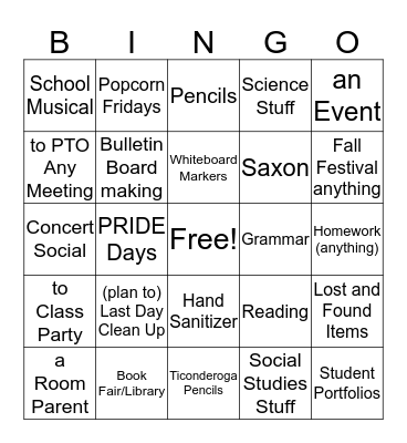 Parent Involvement Bingo Card