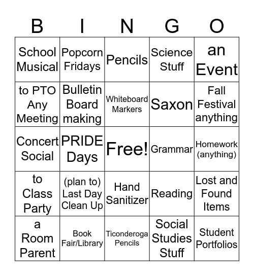 Parent Involvement Bingo Card