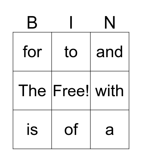 Sight Word Bingo Card