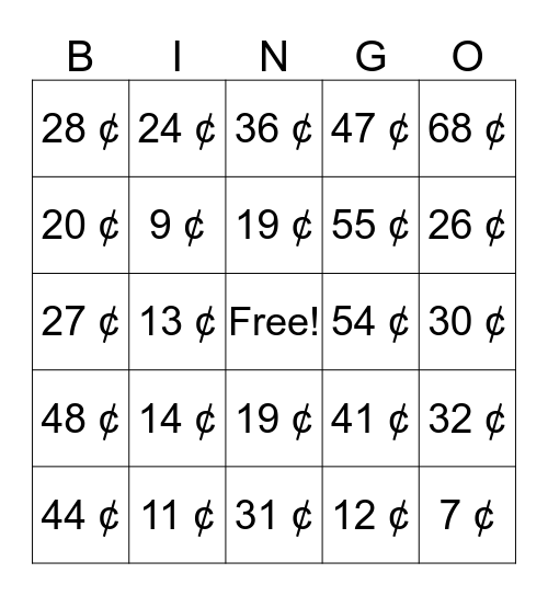 Money Bingo (dimes, nickels, and pennies only) Bingo Card