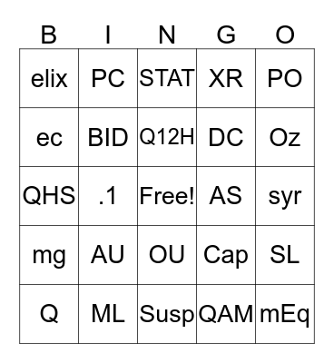 Medical Abbreviations Bingo Card