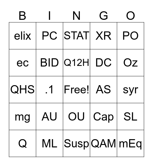 Medical Abbreviations Bingo Card