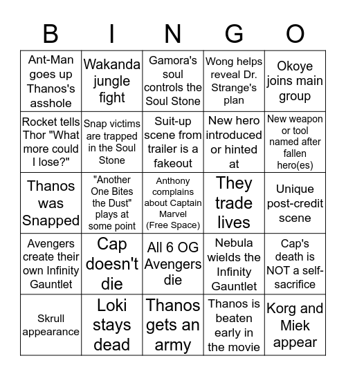 Endgame Bingo Card