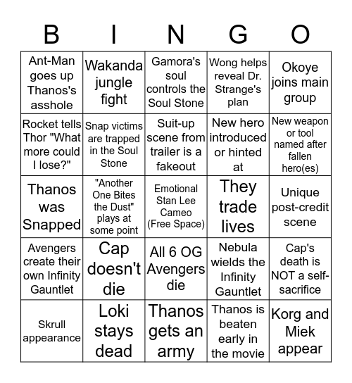 Endgame Bingo Card