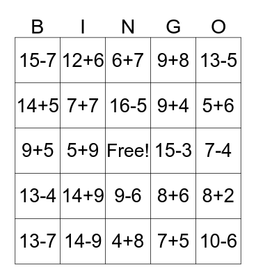 Addition Bingo   Bingo Card