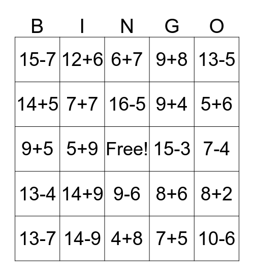 Addition Bingo   Bingo Card