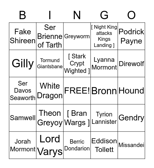 GoT S8E3 Bingo Card