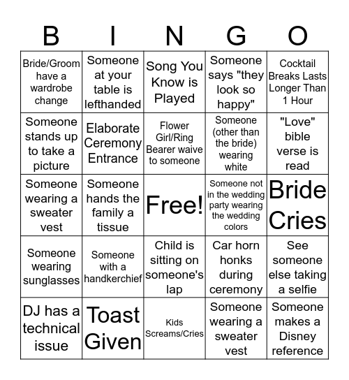 Wedding Bingo Card