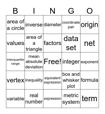 6th Grade Bingo Card