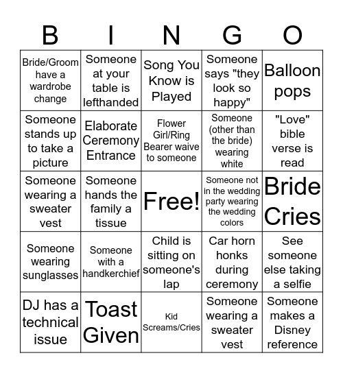 Wedding Bingo Card