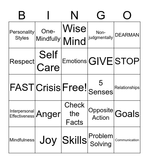 DBT Bingo Card