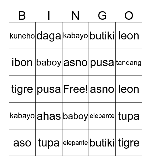 Mga Hayop Bingo Card