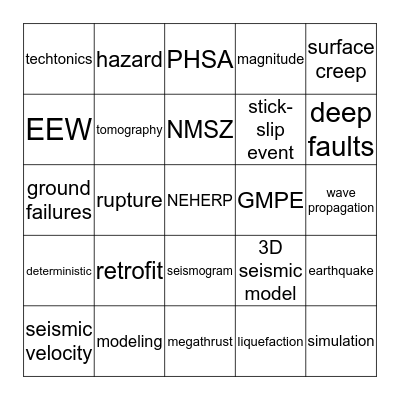 Earthquake Bingo Card
