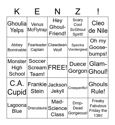 Monster High Scream-Go! Bingo Card