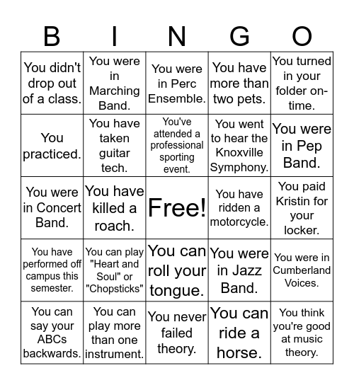 UC Music Dept. BINGO! Bingo Card