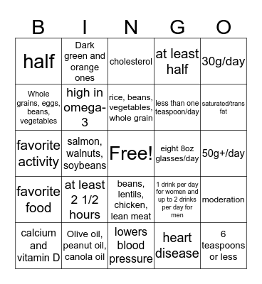 Nutrition bingo Card