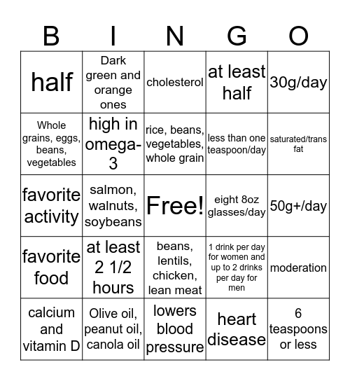 Nutrition bingo Card