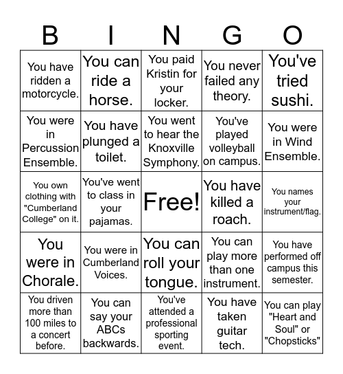 UC Music Dept. BINGO! Bingo Card