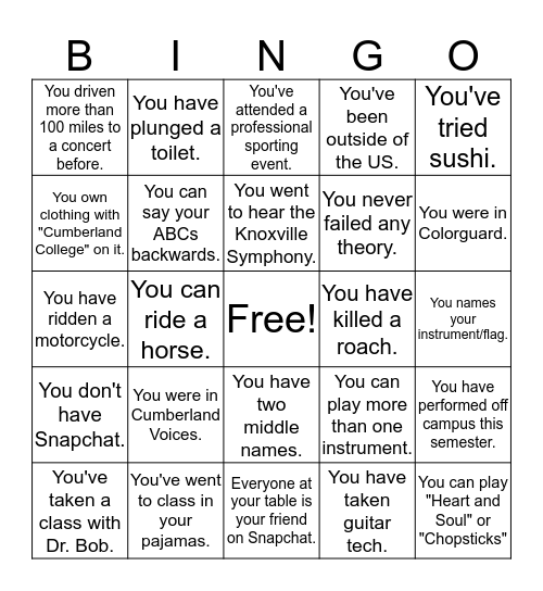 UC Music Dept. BINGO! Bingo Card