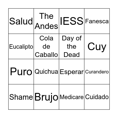 Ecuadorian Bingo Card