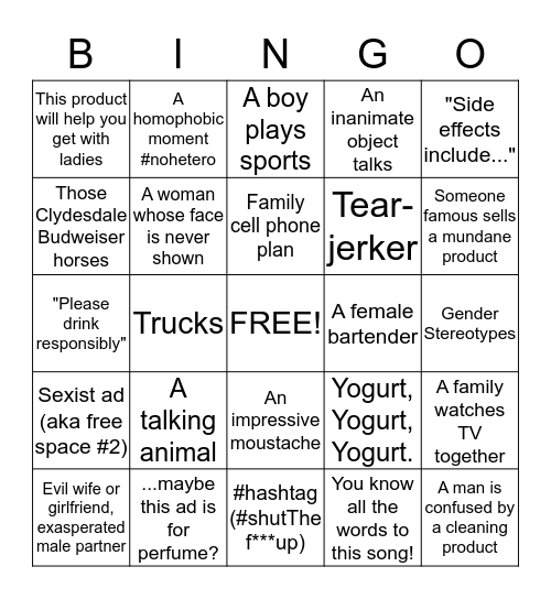 Super Bowl Commercial Bingo for Feminists and Food-Lovers Bingo Card