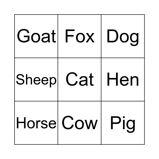 Farm Animal Bingo Card