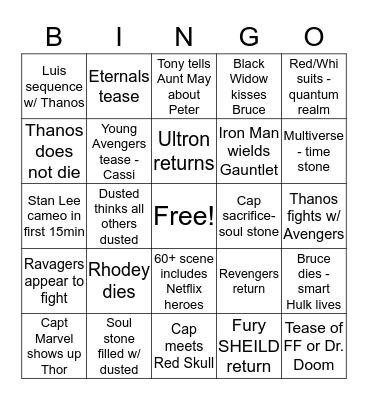 Avengers Endgame Theories Bingo Card