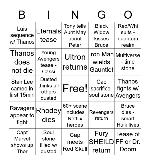 Avengers Endgame Theories Bingo Card
