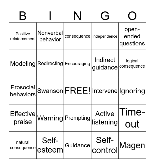 Postive Guidance Bingo Card