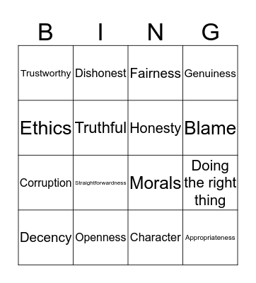 Integrity Bingo Card