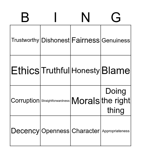 Integrity Bingo Card