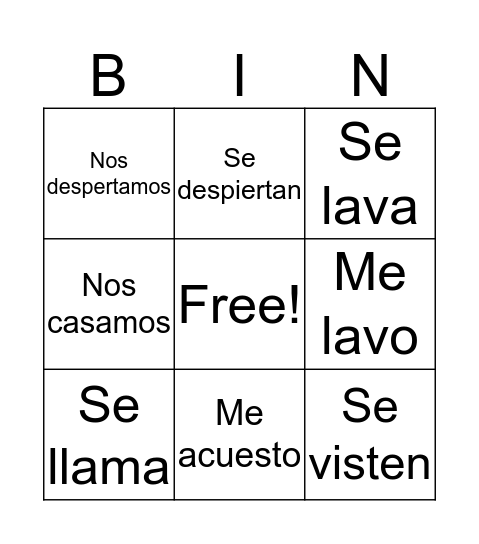 Verbos reflexivos Bingo Card