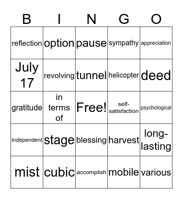 Joint Exam 2017/2018 Meaning Bingo Card