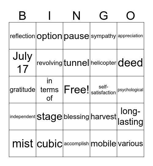 Joint Exam 2017/2018 Meaning Bingo Card