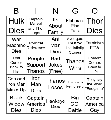 Avengers: Endgame Bingo Card