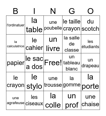 French Classroom Items Bingo Card